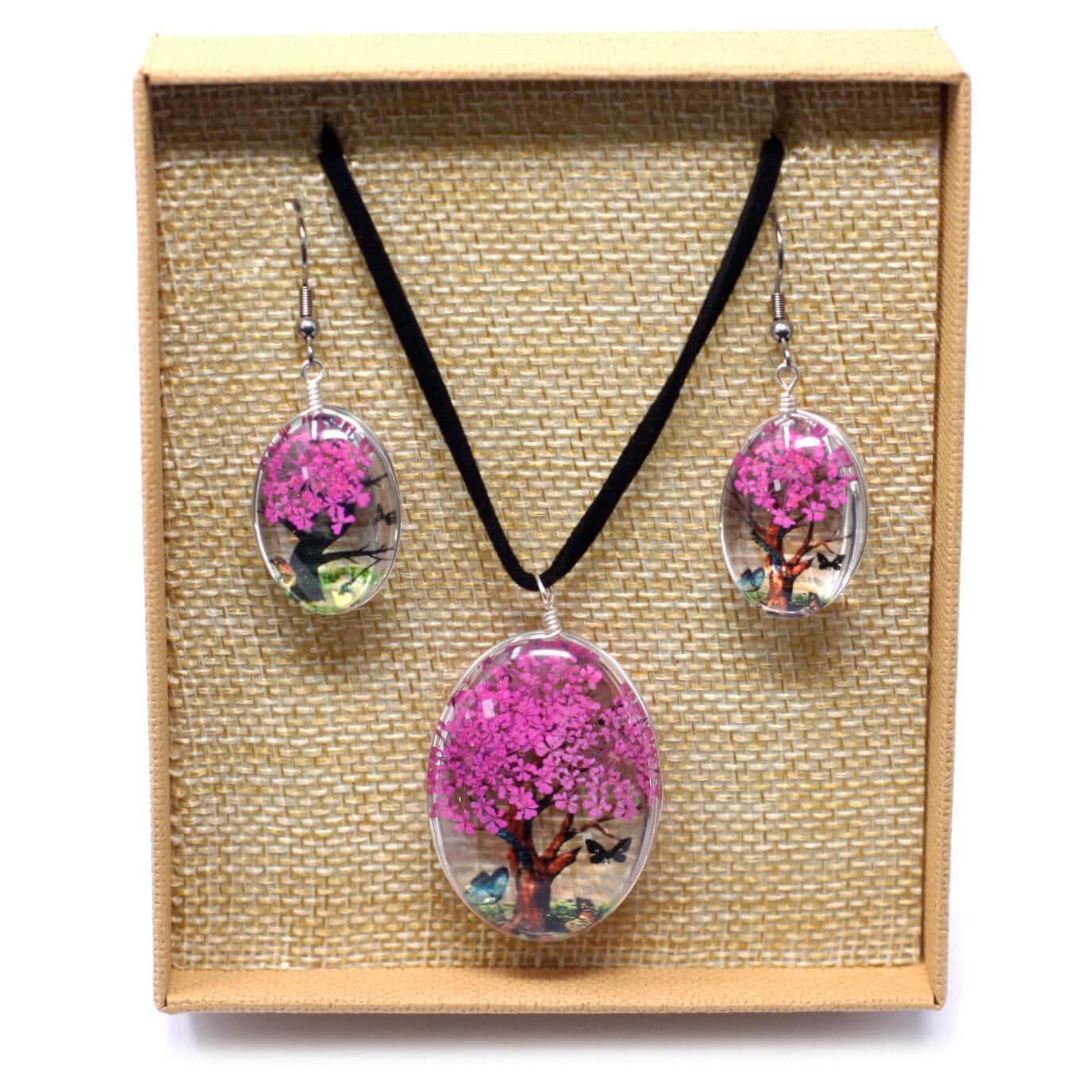 bright pink pressed flower necklace set