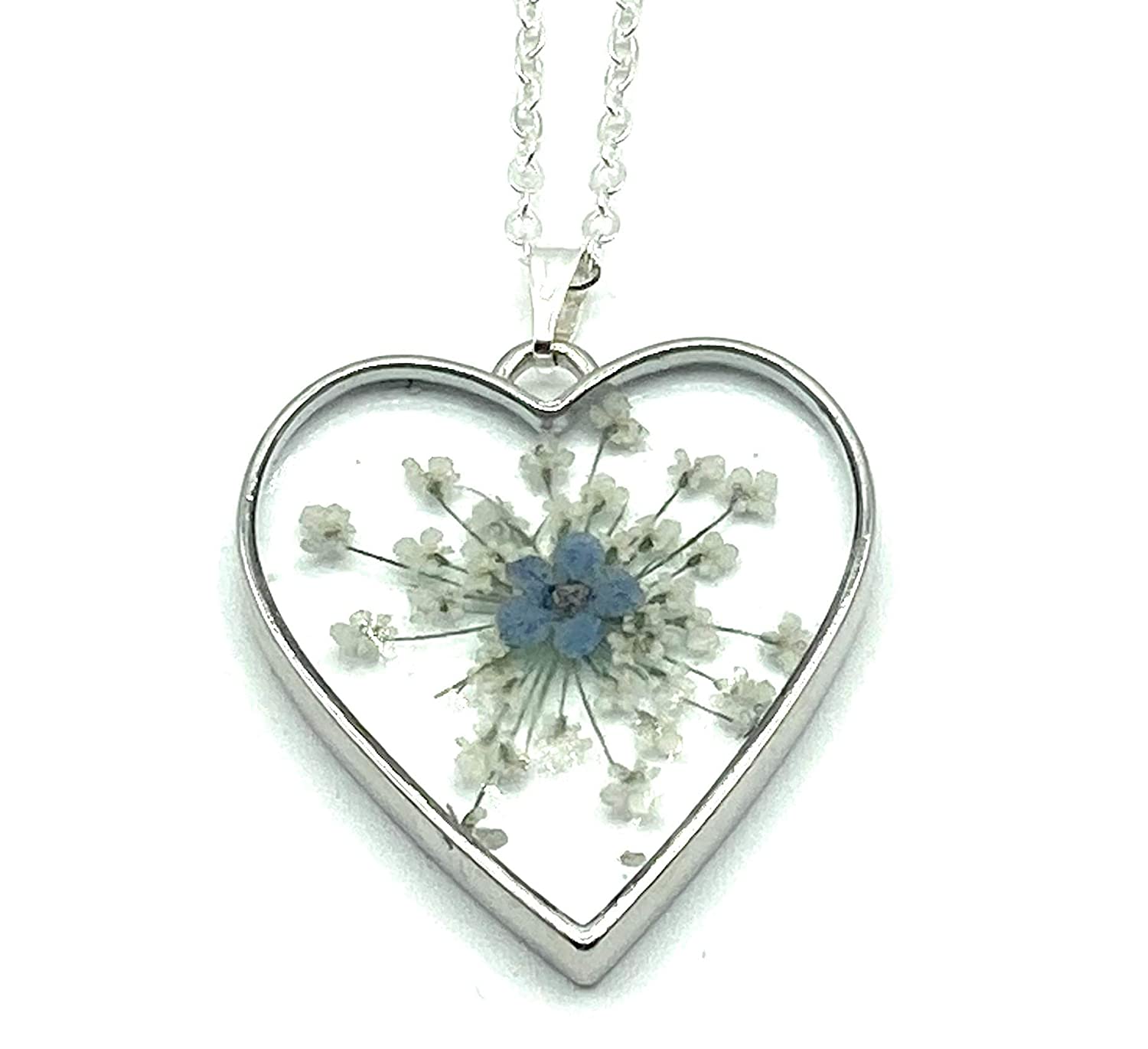 Heart shaped Pressed dried Forget Me Not and Queen Annes Lace Flower Pendant