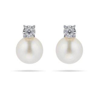 9ct White Gold Diamond And 6-6.5mm Fresh Water Pearl Earrings