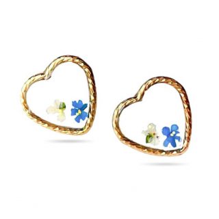 gold blue white flower stud earrings