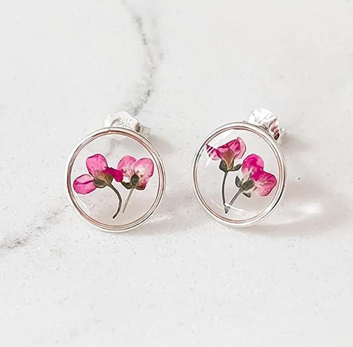 real pink flower stud earrings sterling silver